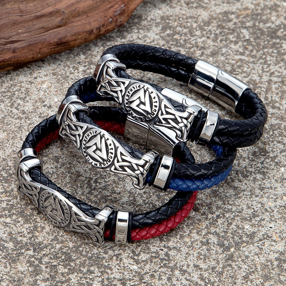 MKENDN Norse Viking Style Stainless Steel Compass Runes Amulet Braided Doublelayer Red Black Leather Bracelet Homme Pulseras