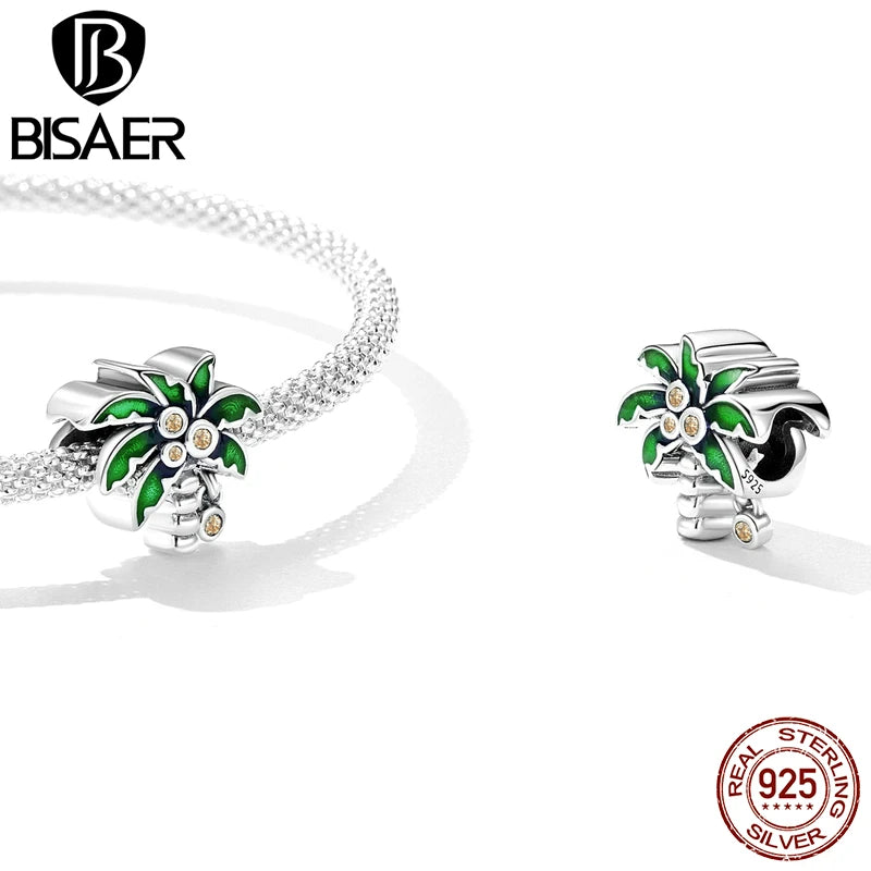 BISAER 925 Sterling Silber Charm Sommer Kokosnussbaum Runde Zirkone Anhänger Perle Für Frauen DIY Armbänder Edlen Schmuck EFC601