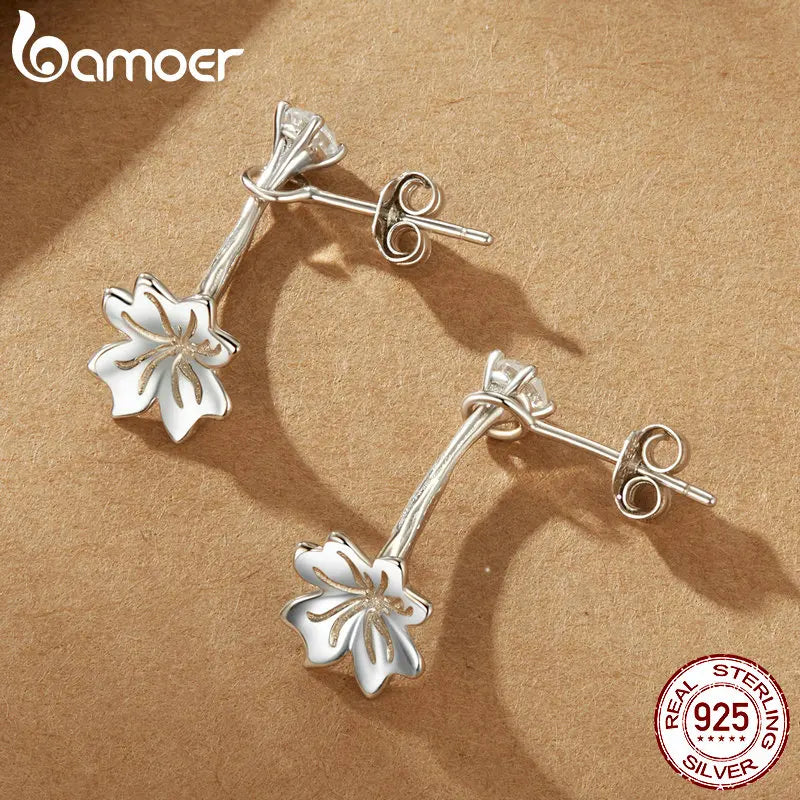 BAMOER Solid 925 Sterling Silver Dainty Flower Stud Earrings - Hypoallergenic Minimalist Cute Drop Earrings for Women SCE1792