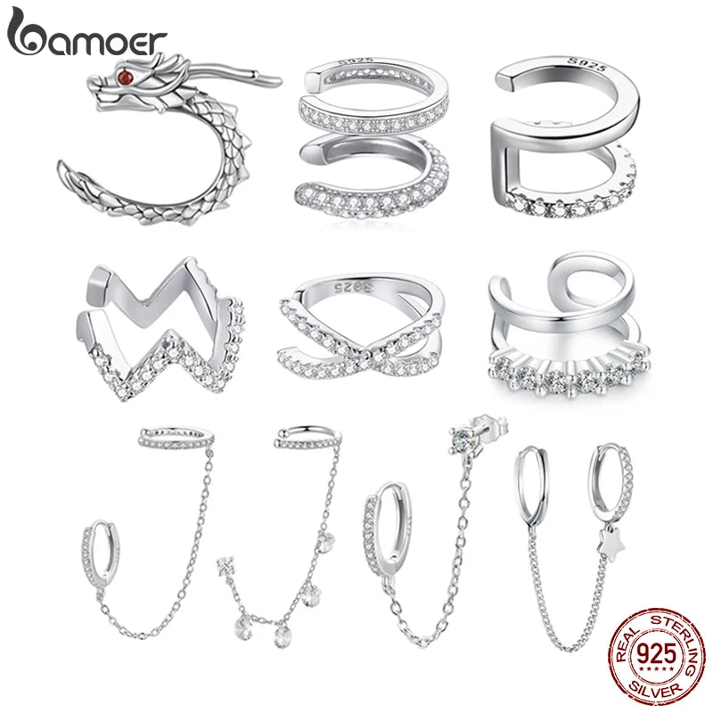 BAMOER 1PC Dragon Ear Cuff 925 Sterling Silver Clip Earrings for Women Silver Spain Fashion Jewelry Rhinestone Tiny Earrings