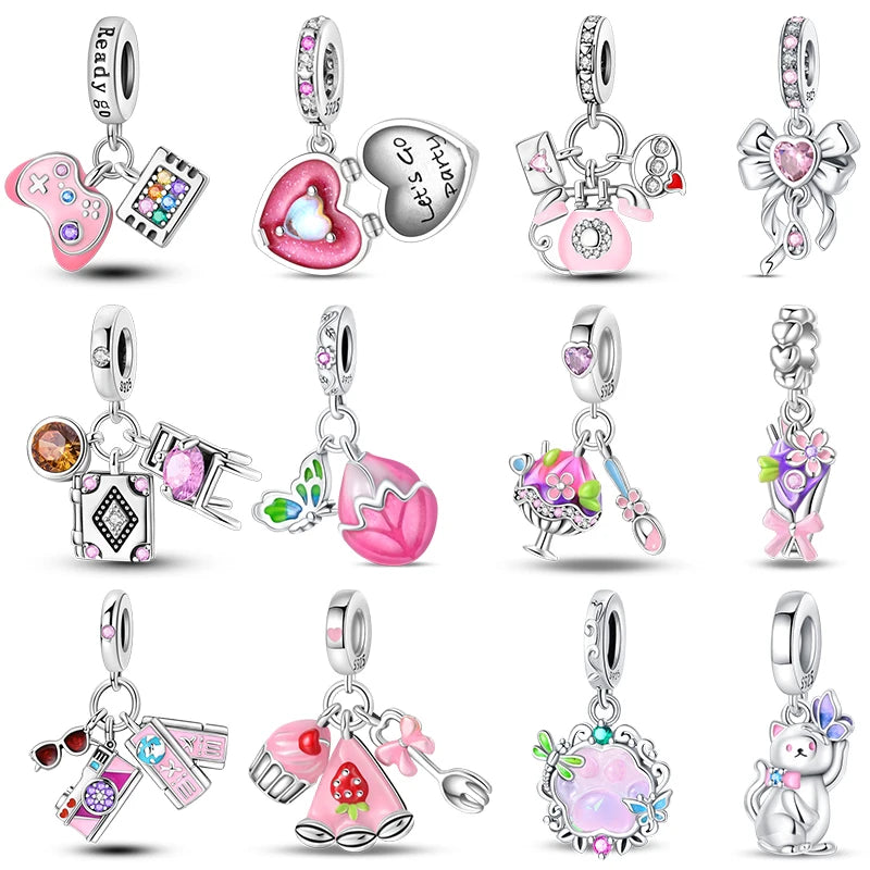 925 Silver Charms Beads Fit 3mm Original Bracelet Game Machine Box Afternoon Tea Dessert Romantic Pink Pendant DIY Jewelry