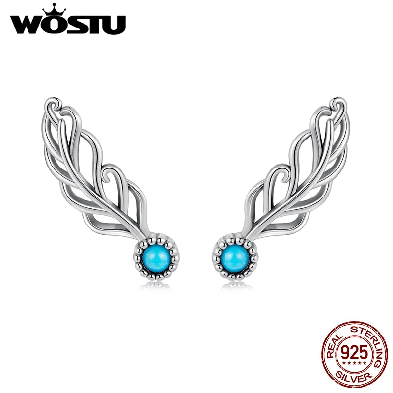 WOSTU 925 Sterling Silver Blue Turquoise Feather Stud Earrings For Women Vintage Style Feather Studs Handmade Jewelry Gift
