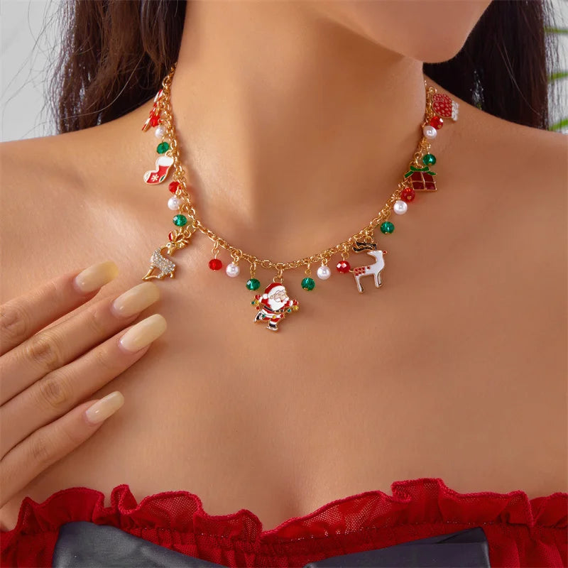 Fashion Christmas Metal Chain Necklace For Women Crystal Zircon Elk Santa Claus Snowman Bell Xmas Tree Pendant Choker Jewelry
