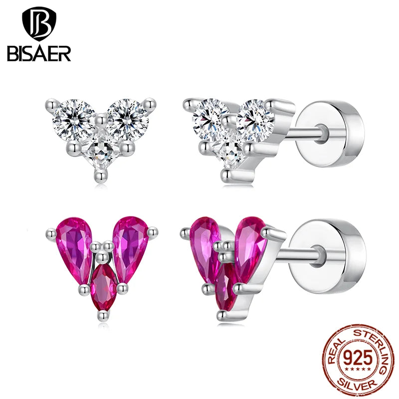 BISAER Real 925 Sterling Silver Zircon Heart Stud Earrings Classic Hypoallergenic Earrings for Women & Girls Party Fine Jewelry