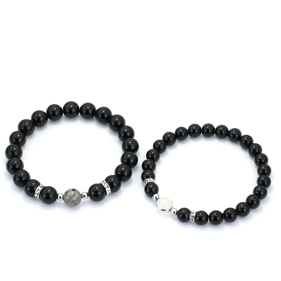 Romantic 2Pcs/Pair Couple Bracelet 8mm 10mm Beads Strand Braslet Valentine Day Gift Obsidian Blue Sandstone Matching Braclet
