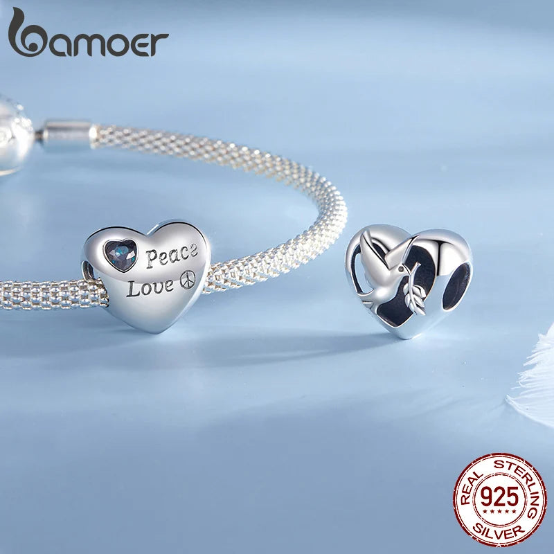 BAMOER 925 Sterling Silber Herzförmiger Peace and Love Charm Bead passend für Original-Armband DIY Bamoer Charm zur Schmuckherstellung