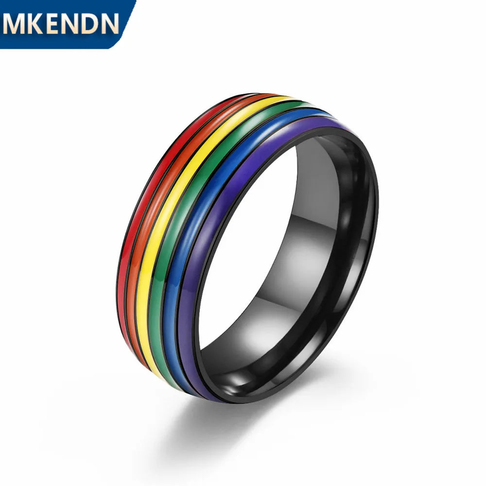 MKENDN Multicolor Men Women Rainbow Colorful LGBT Pulsera Ring Stainless Steel Wedding Band Lebian & Gay Rings Pride Gifts