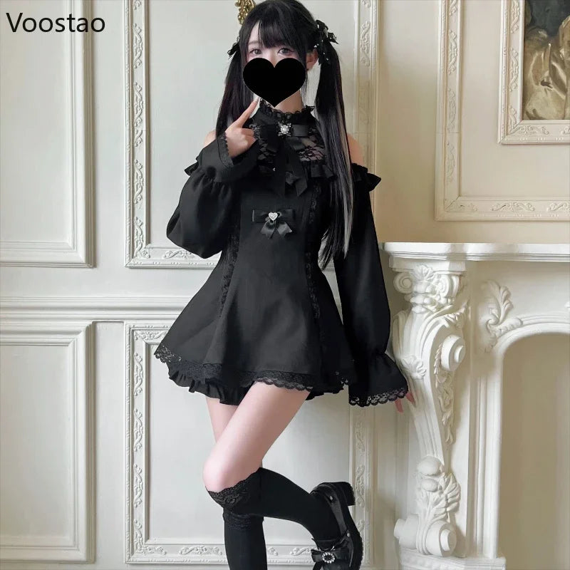 Japanese Style Gothic Y2k Lolita Bow Dress Shorts Set Women Sweet Long Sleeve Shirt Party Dresses Vintage Plaid Slim Mini Dress