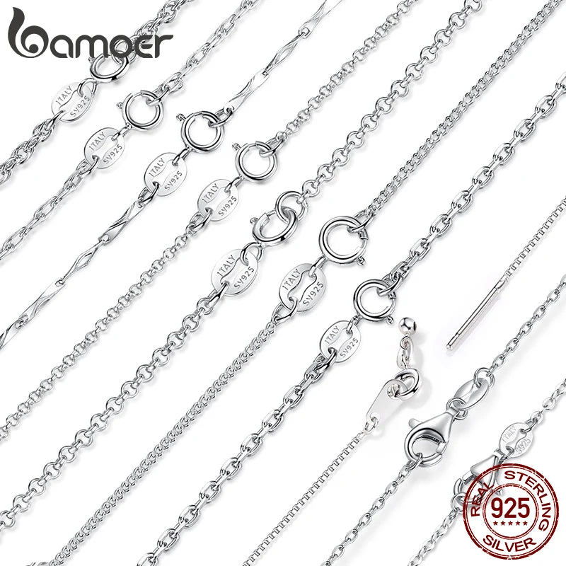 BAMOER Klassische Basic-Kette, 100 % 925er Sterlingsilber, Karabinerverschluss, verstellbare Halskette, Kette, Modeschmuck für Damen