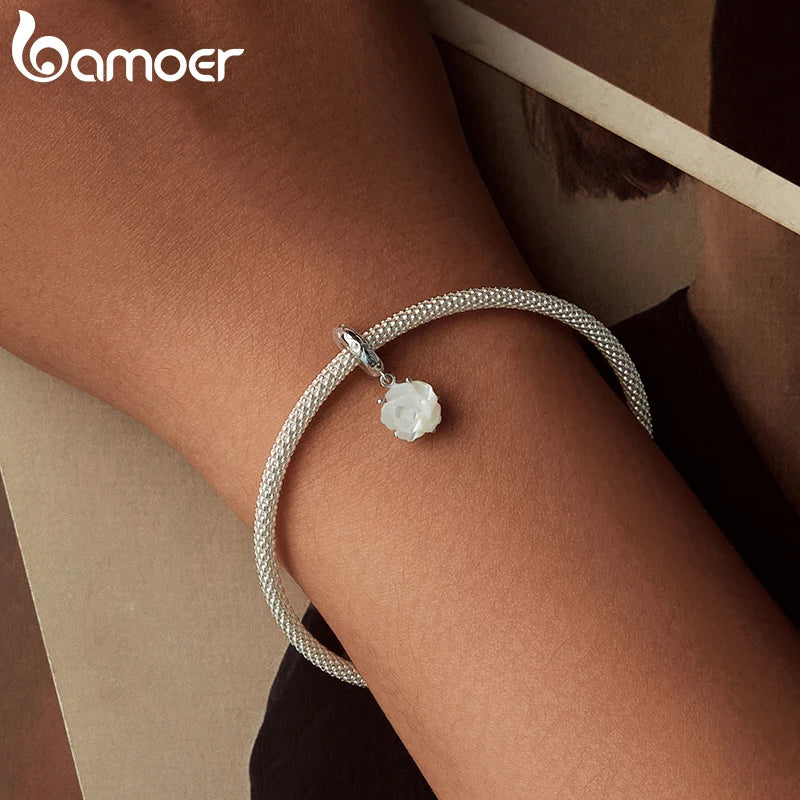BAMOER 925 Sterling Silver White Rose Pendant fit Original Bracelet DIY Bamoer Flower Charm for Jewelry Making Christmas Gift