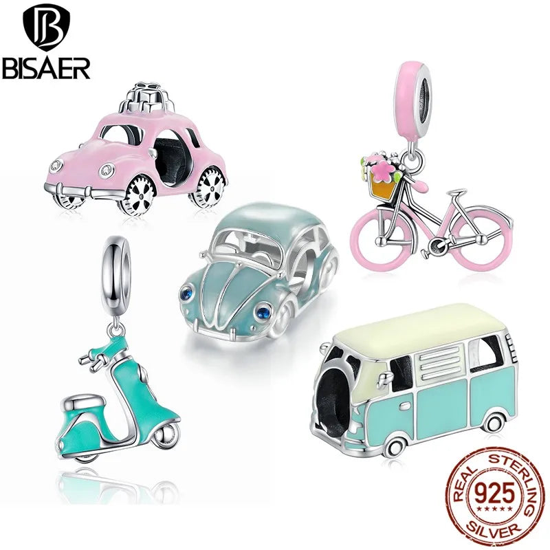 BISAER 925 Sterling Silber Auto Charms Perlen Bus Elektroauto Fahrrad Emaille Anhänger Fit Frau DIY Armband Halskette Edlen Schmuck