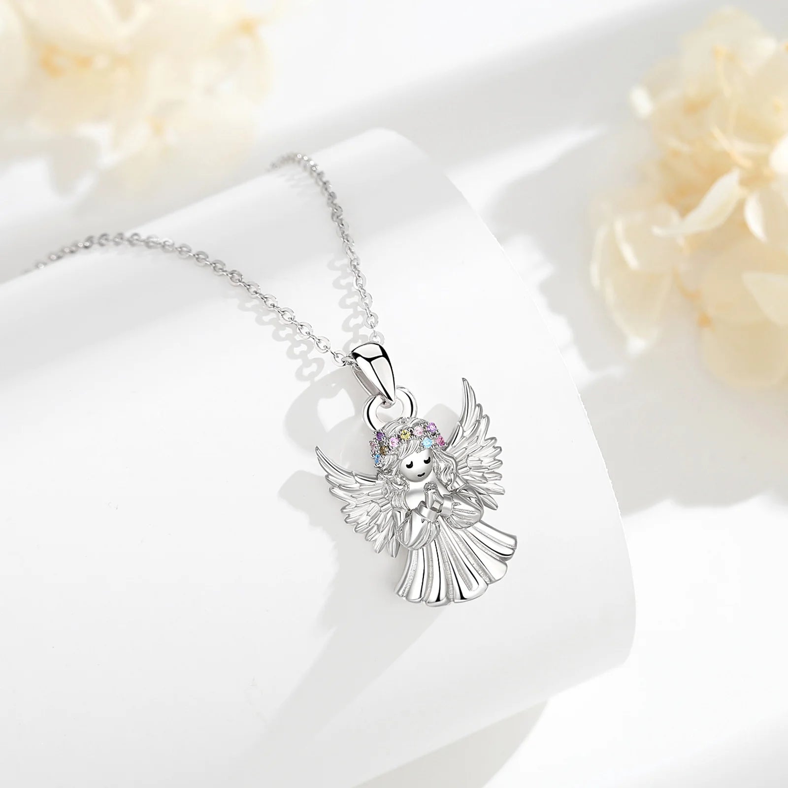Collier ange Eudora en argent sterling 925 pour femme, pendentif élégant en zircon coloré, bijou religieux, cadeau raffiné