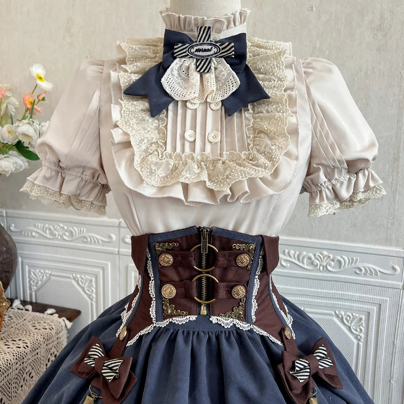 Vintage Gothic Lolita Dress Set Women Sweet Princess Puff Sleeve Shirt Girdle Y2k Skirt 3 Piece Set Punk Halloween Party Outfits