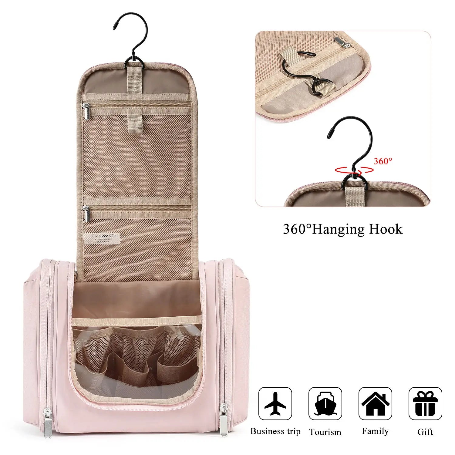 BAGSMART Trousse de toilette suspendue pour femme, sac de rangement de voyage avec crochet, sac de rangement étanche pour voyage, articles de toilette