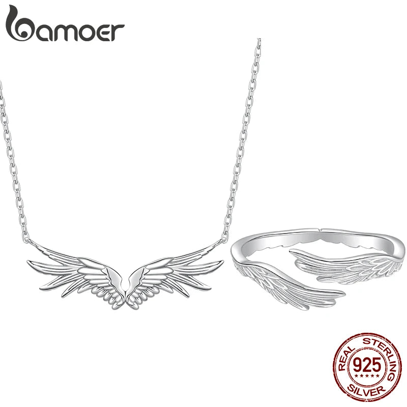 Bamoer 925 Sterling Silver Angel Wings Jewelry Set Vintage Feather Open Ring O-chain Link Necklace for Women Guardian Gift