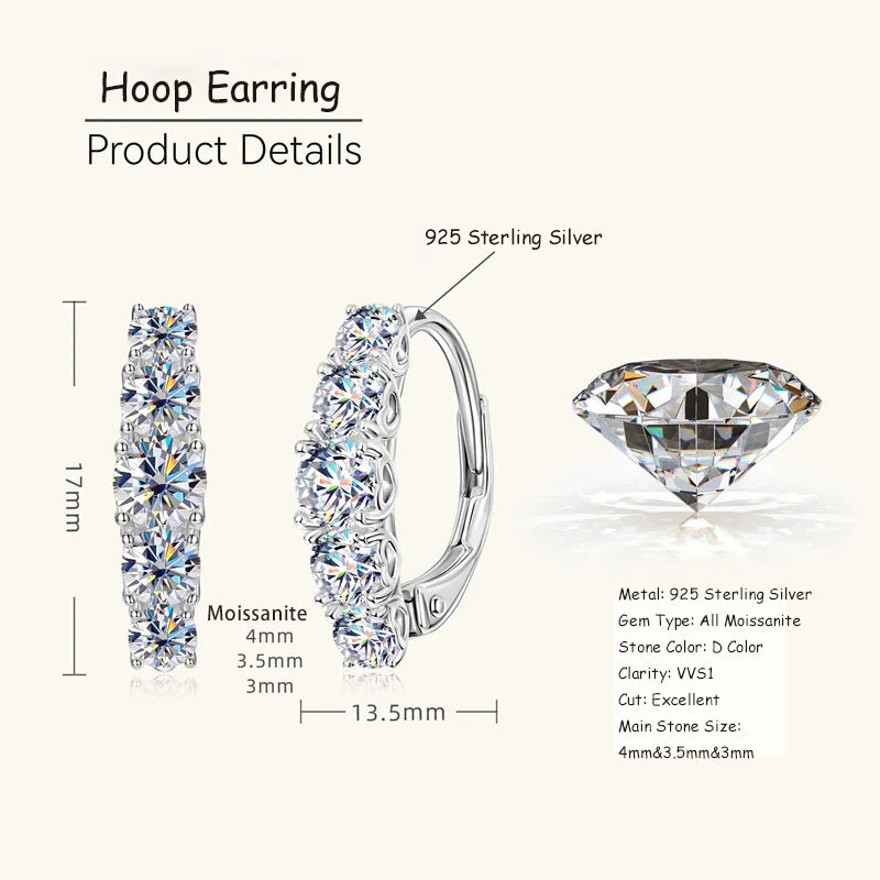 RAPRGOLD Certified Multi-size Moissanite Hoop Earrings for Women S925 Sterling Silver Clip Earring Fine Jewelry Gift Pendientes