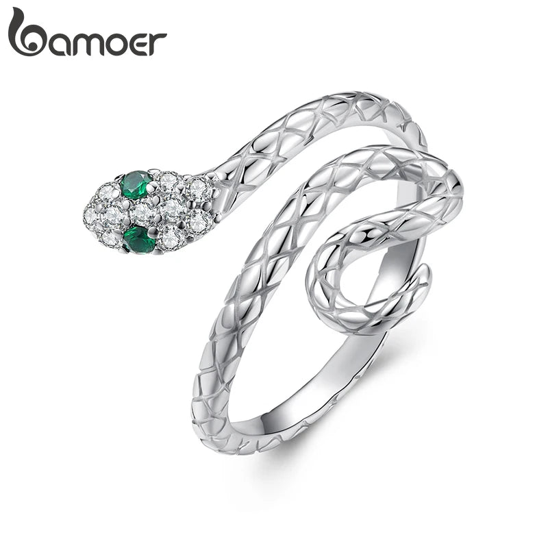 BAMOER White Gold Plated Snake Ring with Emerald CZ Eye, Adjustable Statement Ring for Women Unique Snake Design Jewelry YIR246