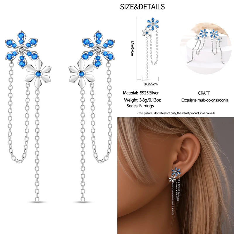 925 Sterling Silver Christmas Blue Snowflakes Tassel Diamond Earrings Red Bow for Women Creative Jewelry Christmas Themed Gifts