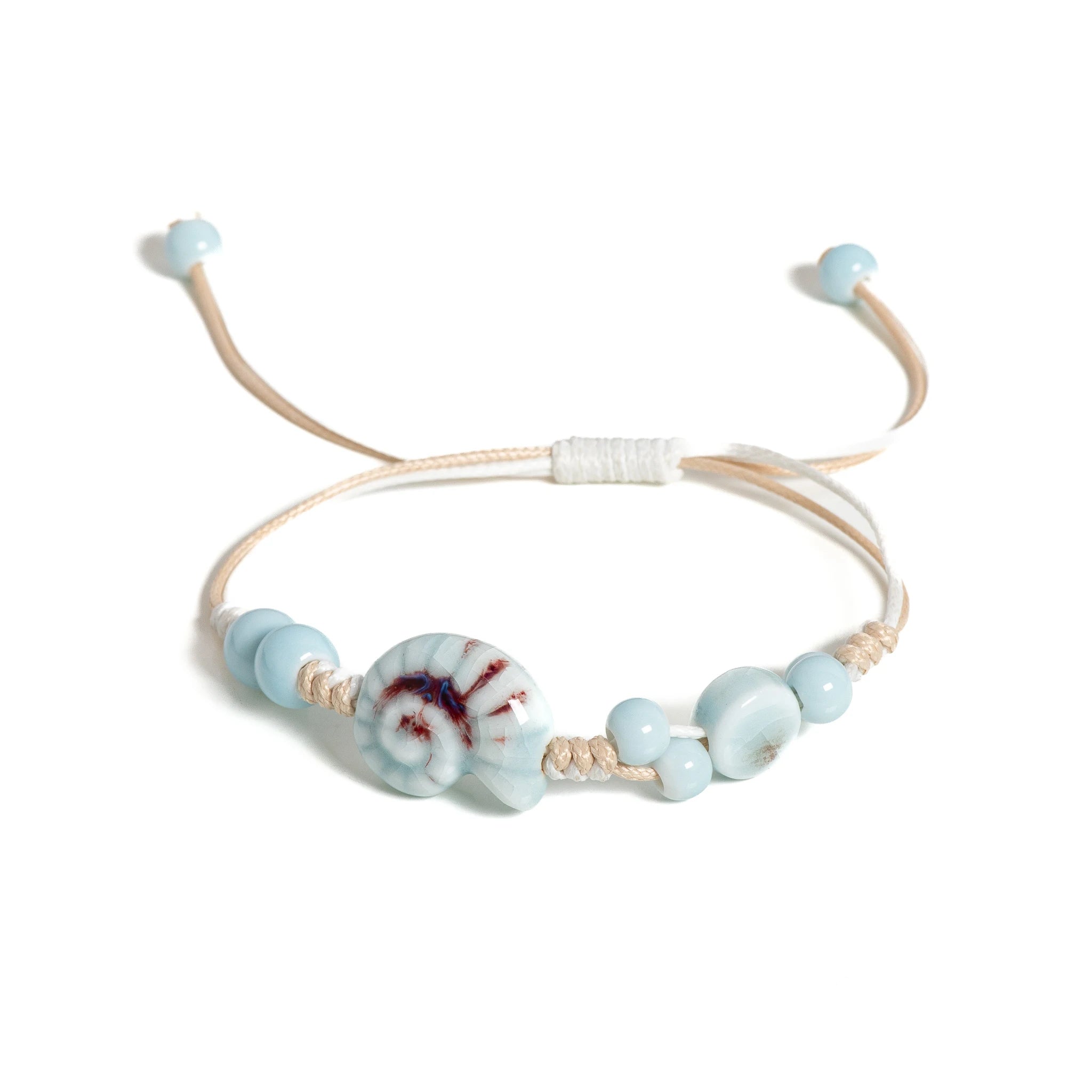 Handmade Blue Snail Shell Ceramic Bracelet Adjustable Handwoven Boho Jewelry for Women & Men - S02-005