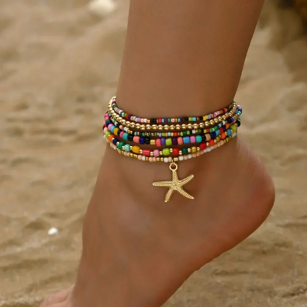 6pcs Set Charm Summer Beach Acrylic Round Ball Beaded Starfish Anklet for Women Multilayer Foot Jewelry Holiday Accessory Gift - Madeinsea©