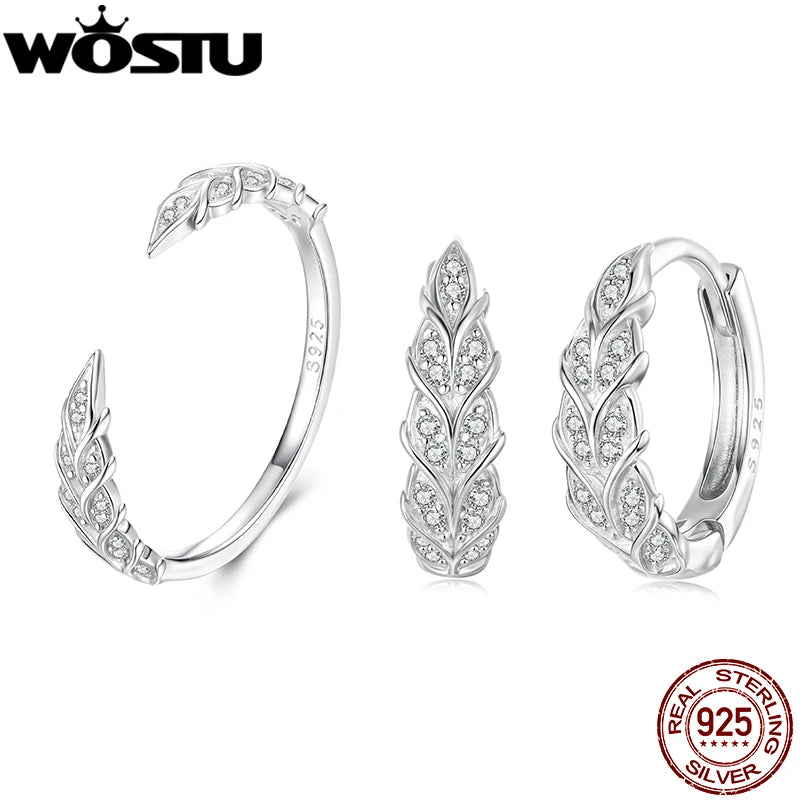 WOSTU 925 Sterling Silver AAA Zircon Wheat Opening Ring Hoop Earrings For Women Wedding Engagement Jewelry Set Fine Gift
