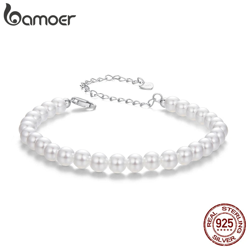 BAMOER Bracelets en perles blanches pour femmes, chaîne à fermoir réglable en argent 925, bracelets en perles artificielles, bijoux de mariage de mariée