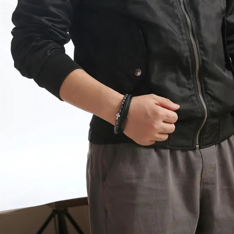 Fashion Cross Pendant MultiLayer Leather Bracelet for Men Women Classic Christian Prayer Christmas New Year Gift
