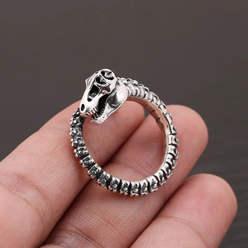 Buyee 925 Sterling Silber Ring Finger Schwarz Dinosaurier Knochen Ring für Frau Mann Mode Einzigartige Große Feine Schmuck Kreis mit Box