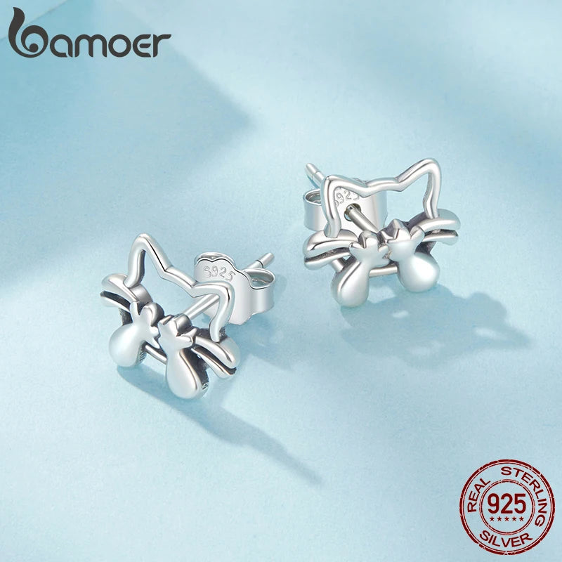 BAMOER 925 Sterling Silber Ohrstecker mit ausgehöhlter Katze, hypoallergen, süße Tierohrringe, Modeschmuck, Geschenk, SCE1846