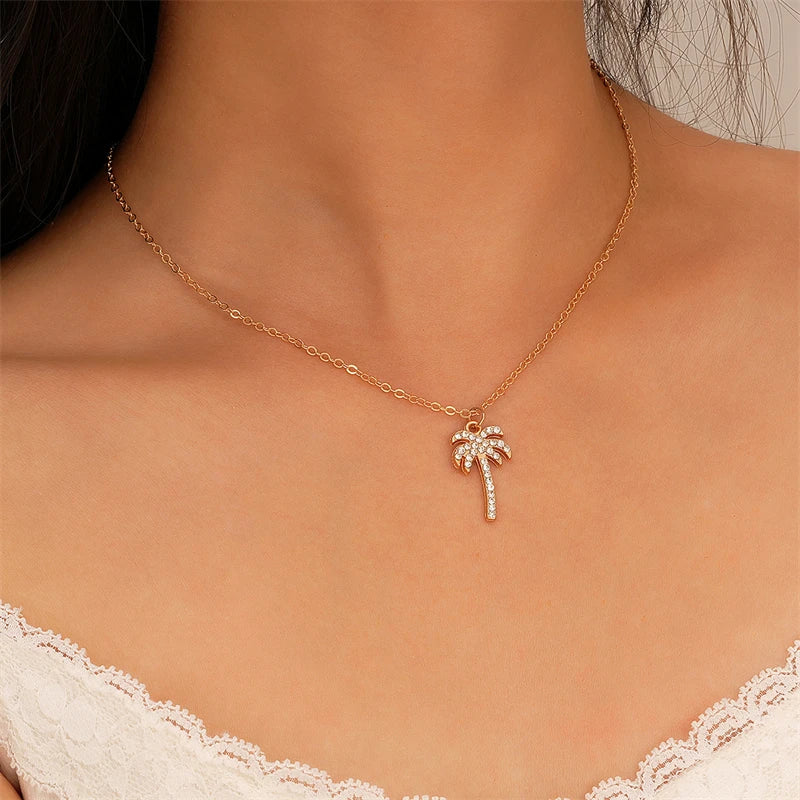 New Coconut Palm Tree Necklace For Women Exquisite Crystal Zircon Metal Clavicle Chain Choker Summer Beach Ocean Sandy Jewelry