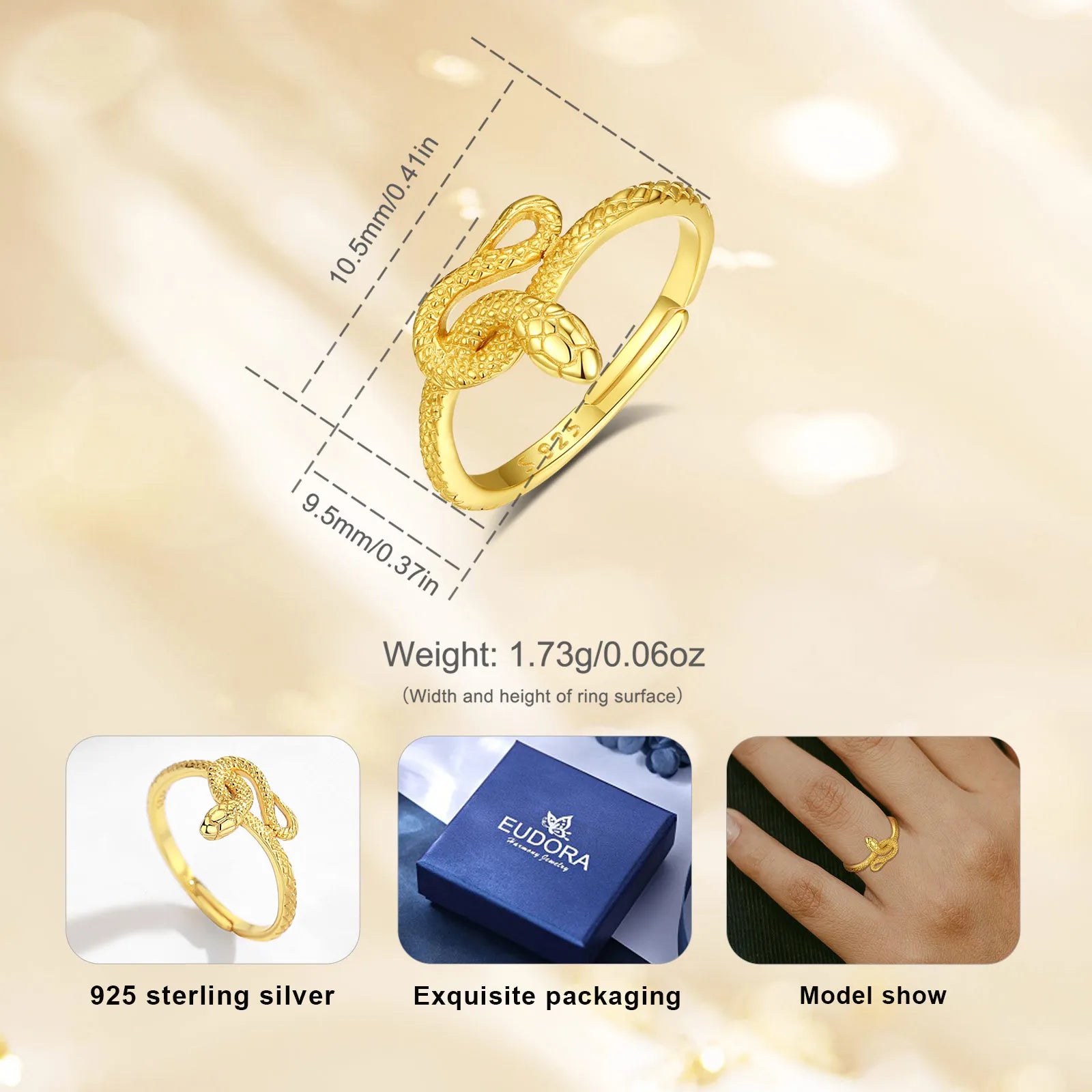 Eudora 925 Sterling Silver Snake Adjustable Ring for Women Man 18K Gold Textures Cobra Punk Ring Personalized Jewelry Party Gift