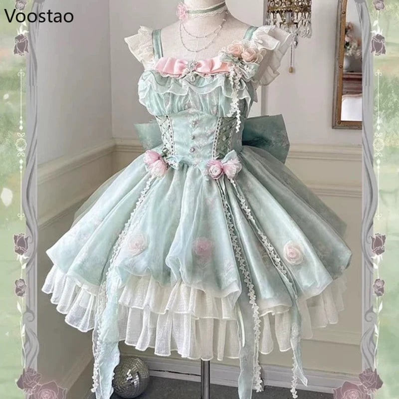 Japanese Sweet Lolita Jsk Dress Women Kawaii Cute Flower Ruffles Bow Trailing Princess Dresses Girl Elegant Y2k Fairy Mini Dress