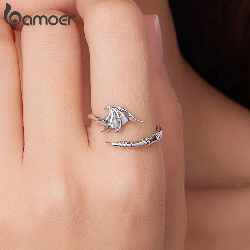 BAMOER 925 Sterling Silver Devil Wings Open Ring Vintage Style Adjustable Finger Ring Original for Women Punk Jewelry Gift
