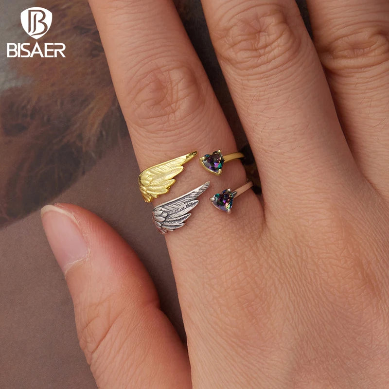BISAER 925 Sterling Silver Wing Open Ring Heart Zircon Statement Band Adjustable 18K Gold-Plated for Women Party Fine Jewelry