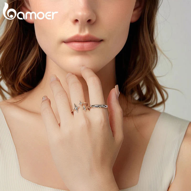 Bamoer Starlight Doppellagiger offener Ring, verstellbar, Drei-Sterne-Ring, Original, für Damen, Partnerinnen, Mädchen, minimalistisches Geschenk, Geburtstagsgeschenk