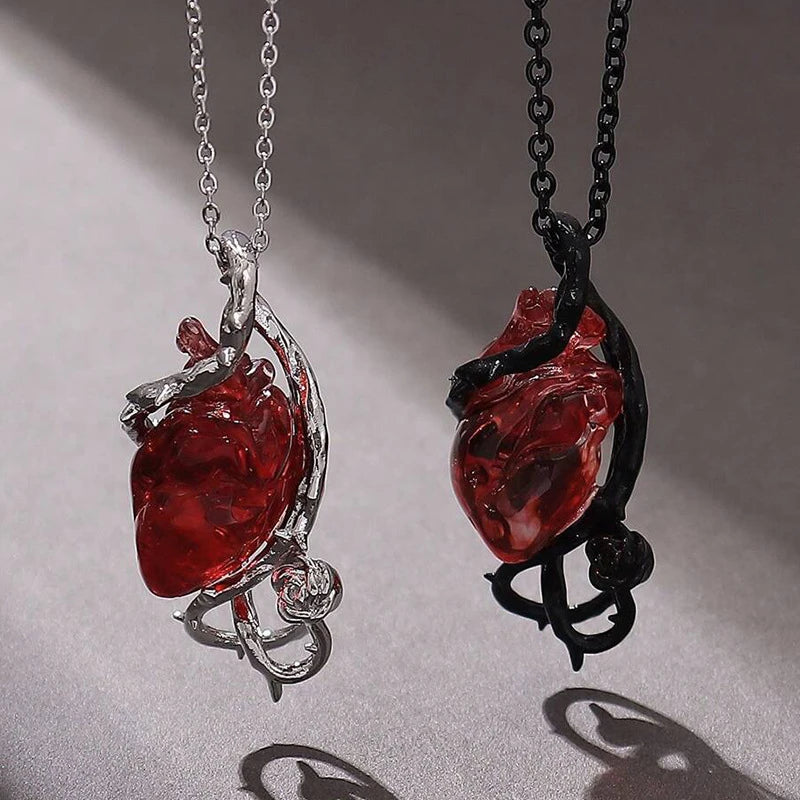 Collier pendentif fleur et épines en cristal rouge foncé pour femme et unisexe, style gothique punk, ras-de-cou en forme de cœur, squelette et crâne, bijou d'Halloween
