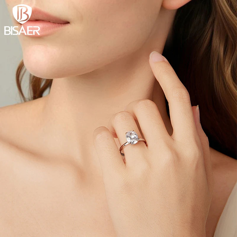 BISAER 925 Sterling Silver 3.5 Carat Oval Cut Engagement Ring Promise Band Plated White Gold for Women Wedding Fine Jewelry Gift