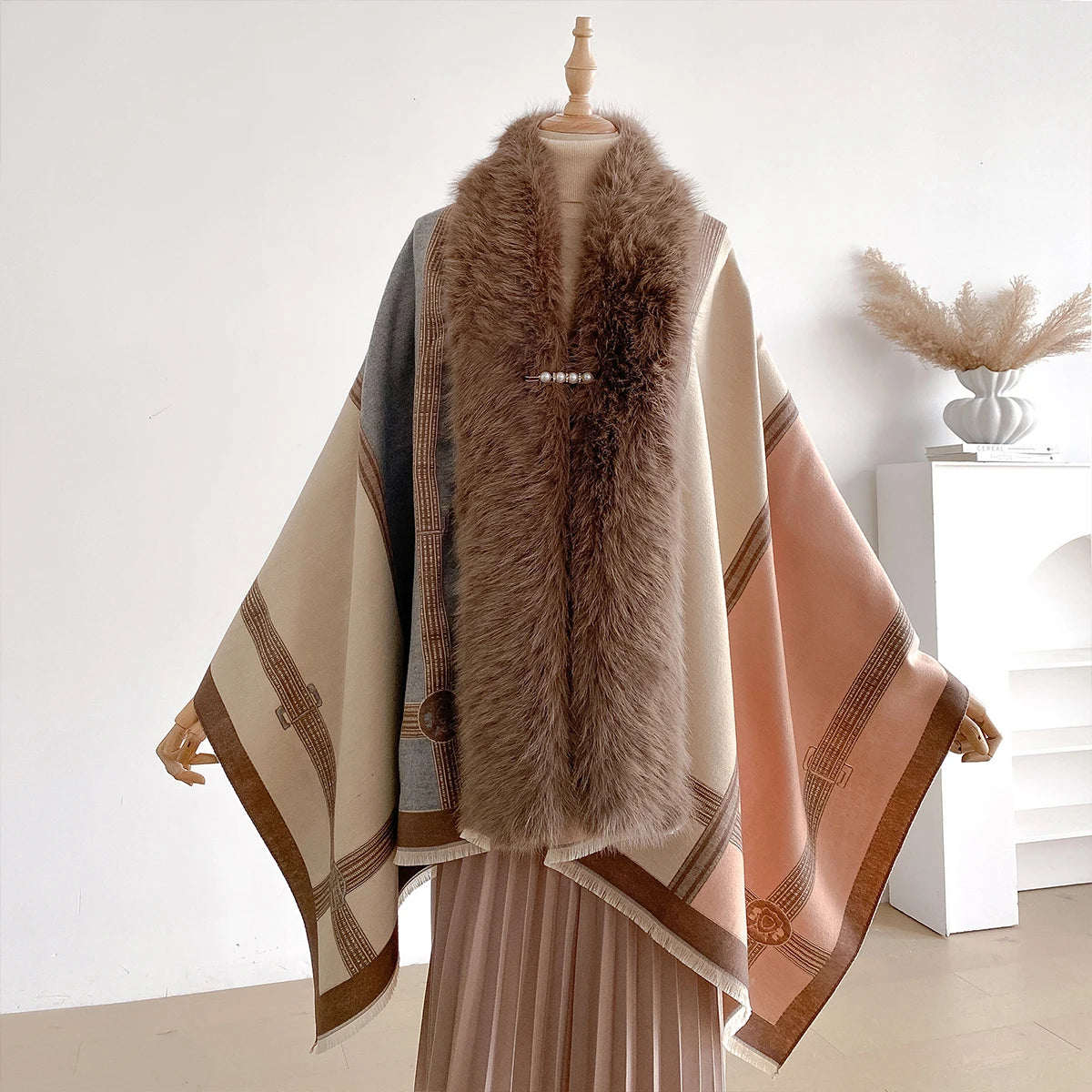 Women Winter Thicken Warm Long Poncho Loose Scraves Sleeves Leopard Capes Black Striped Faux Fur Collar Cloak Scraf