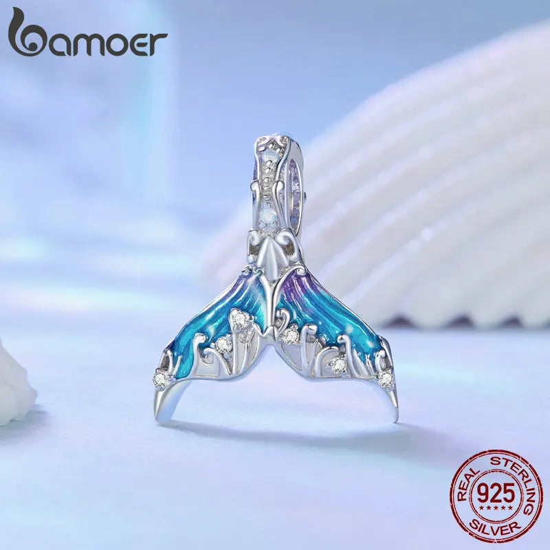 Bamoer 925 Sterling Silver Colorful Enamel Mermaid Tail Pendant Necklace Dainty Neck Chain for Women Valentine's Day Gift