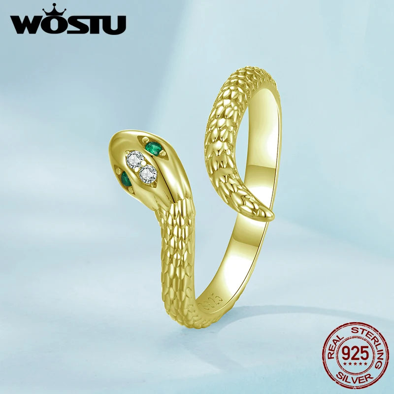 WOSTU 925 Sterling Silver 18k Gold Vintage Snake Open Ring For Women Green CZ Animal Stackable Party Rings Birthday Jewelry Gift