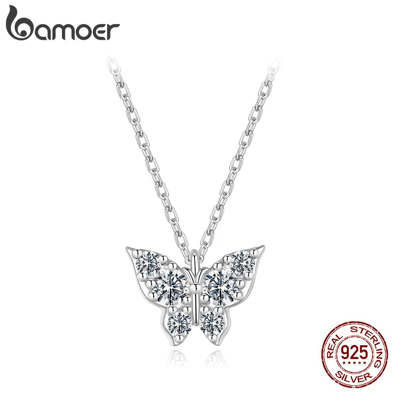 BAMOER Moissanite Butterfly Necklace 925 Sterling Silver Insect Pendant Necklace Adjusable Link Chain for Women Sparkling Gift