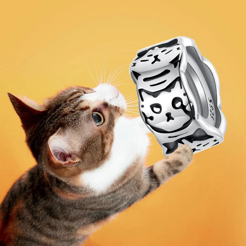 WOSTU 925 Sterling Silver Pet Paw Print Silicone Beads Lovely Cat Spacer Bead Fit Original Bracelet Gift For Pet Lover Family