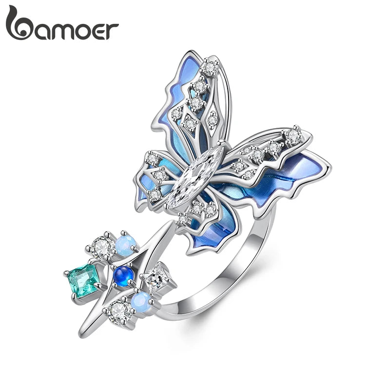 BAMOER White Gold Plated Ice & Snow Butterfly Ring with Blue Enamel, Adjustable Statement Ring for Women Unique Original Design