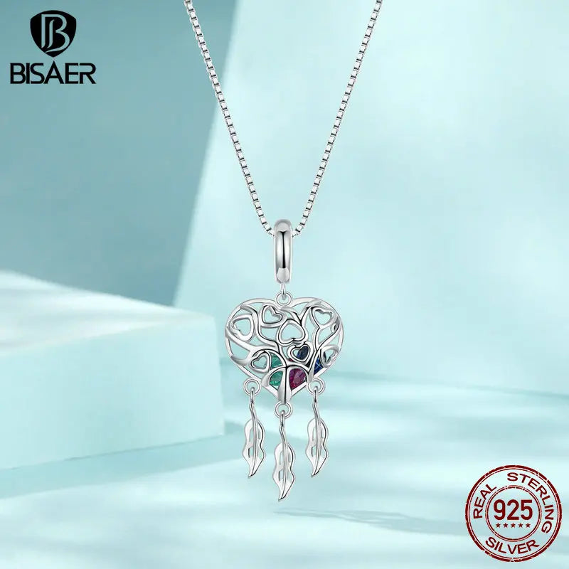 Collier pendentif attrape-rêves arbre de vie en argent sterling 925 BISAER chaîne en forme de cœur plaqué or blanc pour femme bijoux fins