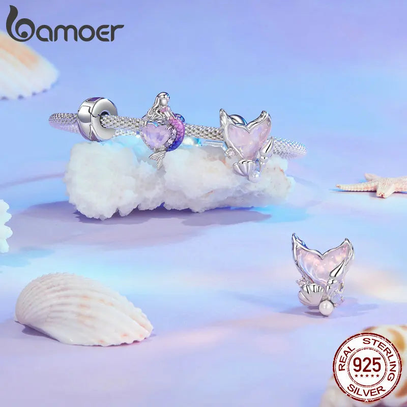 BAMOER zierlicher 925 Sterling Silber Traumhafter Meerjungfrau Charm Fischschwanz Silikon Spacer Bead Charm für Frauen passend für Original Armband