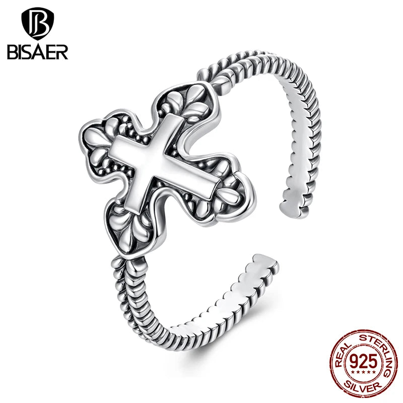 BISAER Real 925 Sterling Silver Cross Open Ring Vintage Faith Band Adjustable Size 5-9 for Women Party Fine Jewelry ECR1127-E