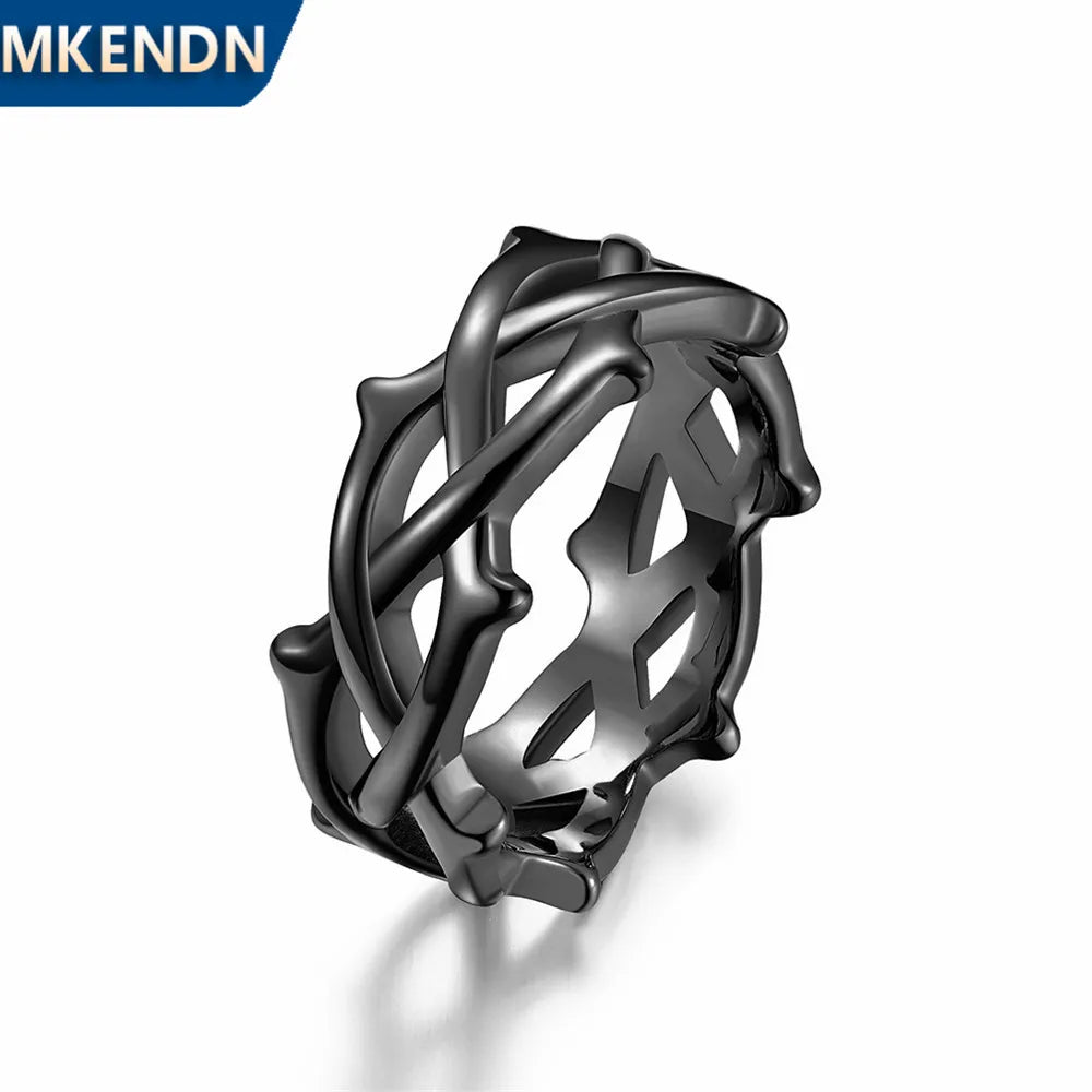 MKENDN 9MM Herrenring Dornenranke Edelstahl Ring Modischer Fingerring Geschenk für Männer Jahrestag Gothic Schmuck