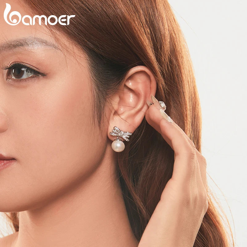 BAMOER Schleifen-Ohrringe für Damen, trendige, weißvergoldete Perlen-Ohrhänger mit Schleife, Ohrstecker für Hochzeit, Party, Alltag, Schmuck, Geschenke