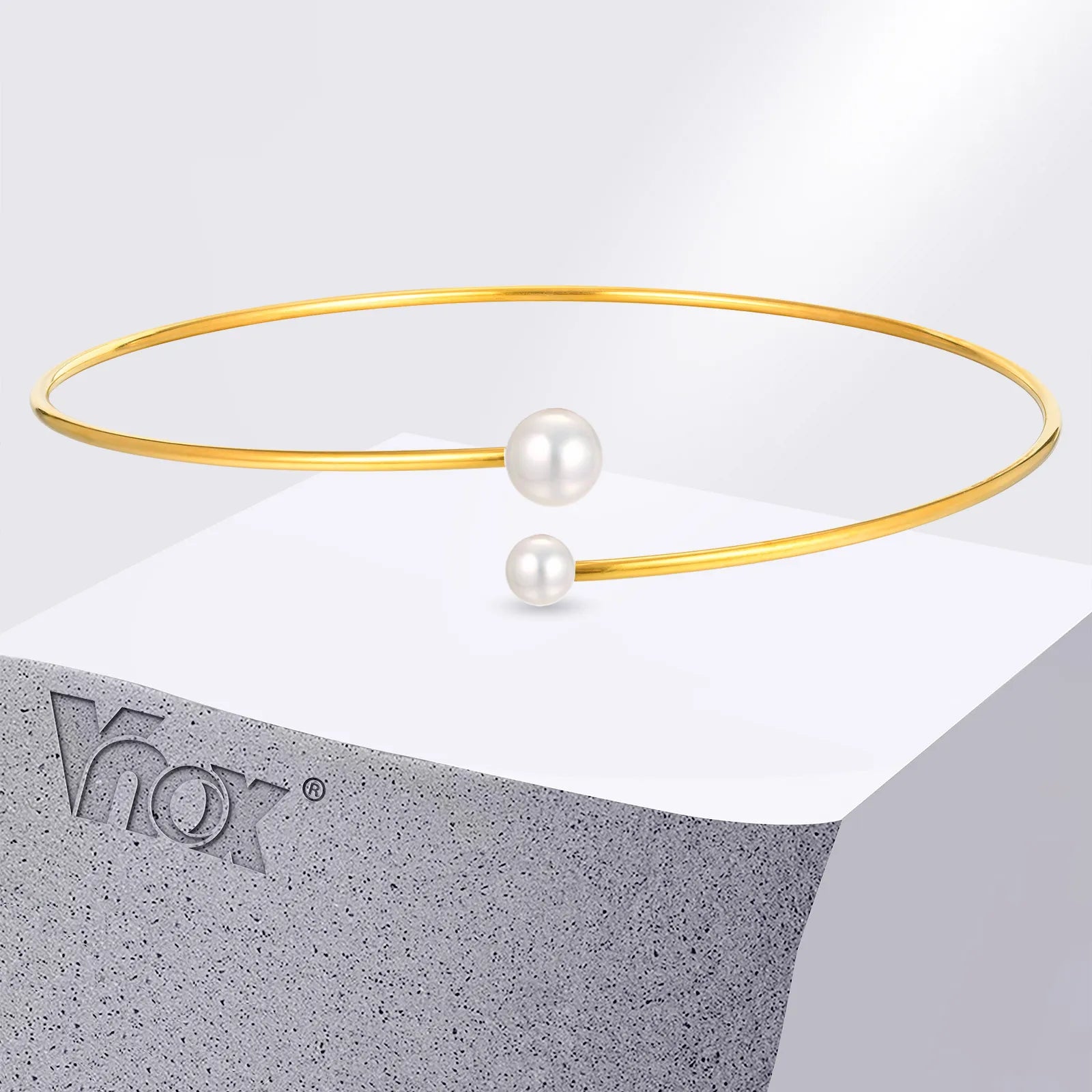 Vnox Simple Stainless Steel Pearl Gold Color Women's Cuff Choker Necklaces Charm Daily Jewelry Girls Neck Gifts Accessory