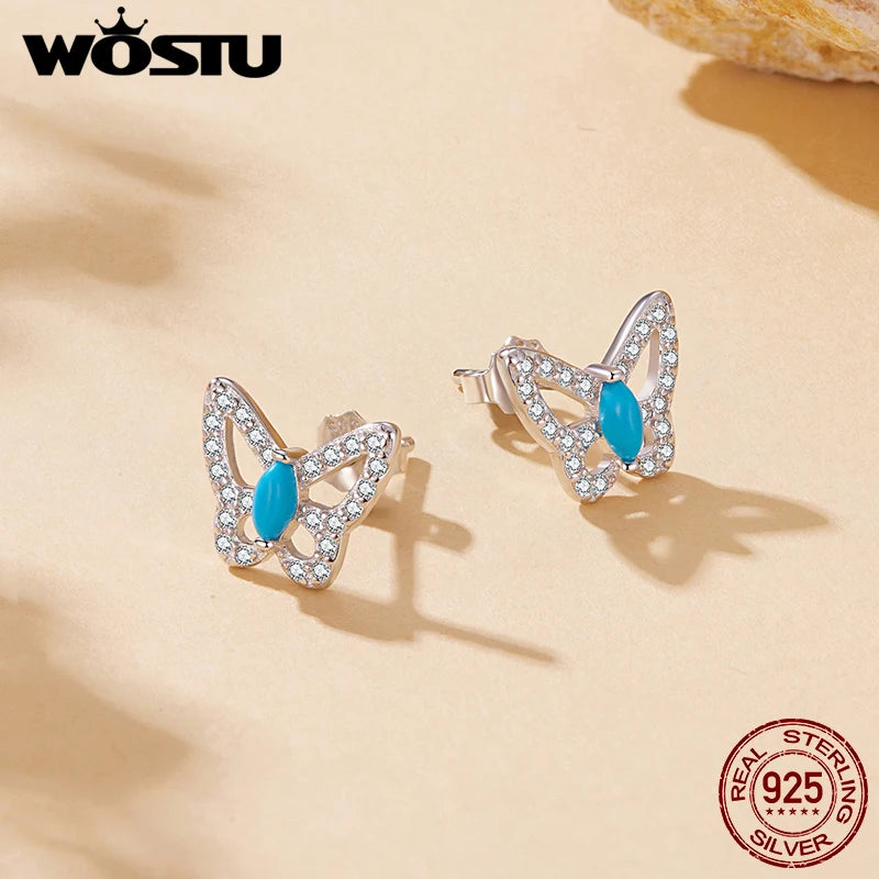 WOSTU 925 Sterling Silver Turquoise and CZ Butterfly Stud Earrings For Women, Nature Theme Insects Dangle Earrings for Women